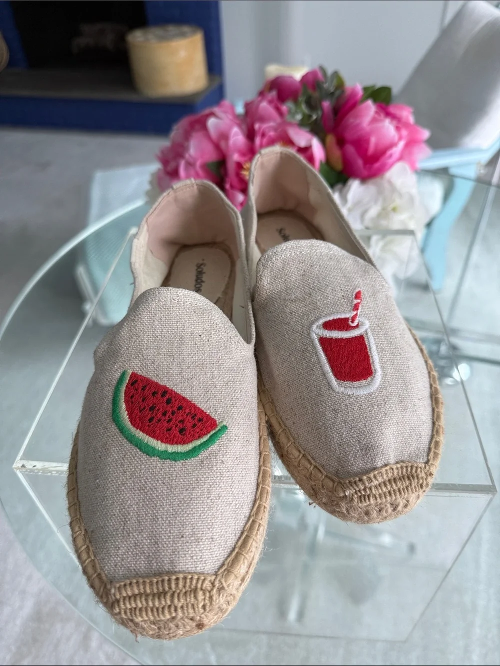 Soludos Embroidered Watermelon & Drink Espadrilles Neutral Linen Euro Summer 9.5